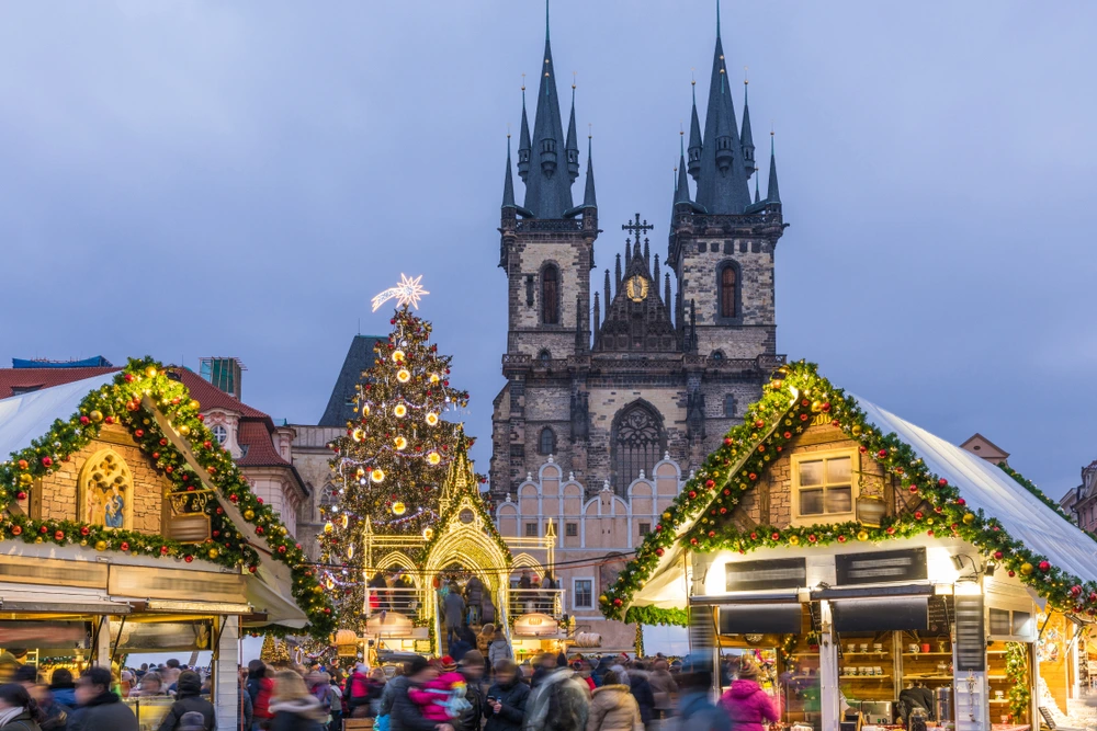 Prague Old Town Square in the night, during Christmas time.